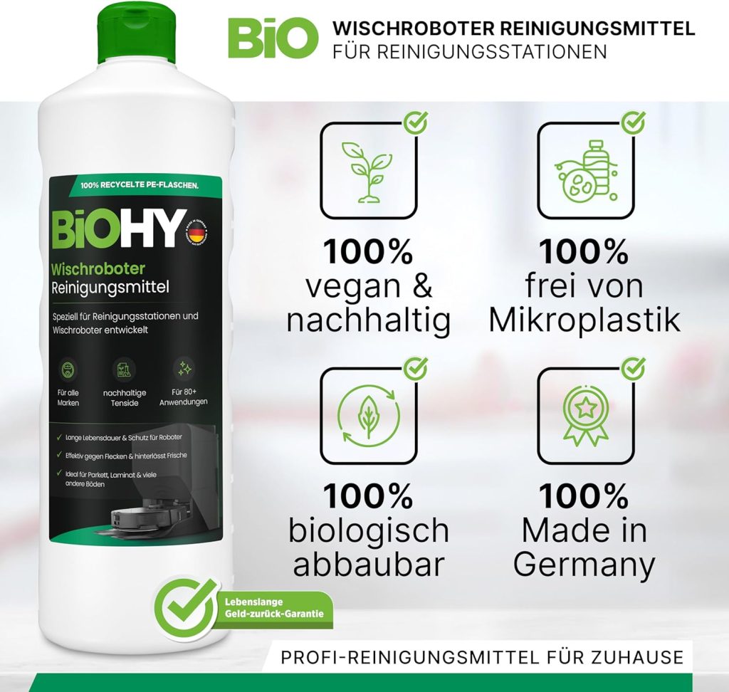 BiOHY Produit de nettoyage pour robot aspirateur (Bouteille de 1l) | Spécialement conçu pour les stations de nettoyage | Prolonge la durée de vie de la station daspiration (Wischroboter Station)