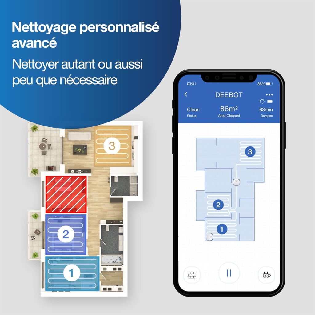 ECOVACS Deebot OZMO T8 Pure Aspirateur Robot Laveur, Navigation Laser dToF, Évitement dobstacles, Cartographie Multi-étages, Zones de Nettoyage Personnalisées, 5200mAh, Autonomie de 260 Minutes