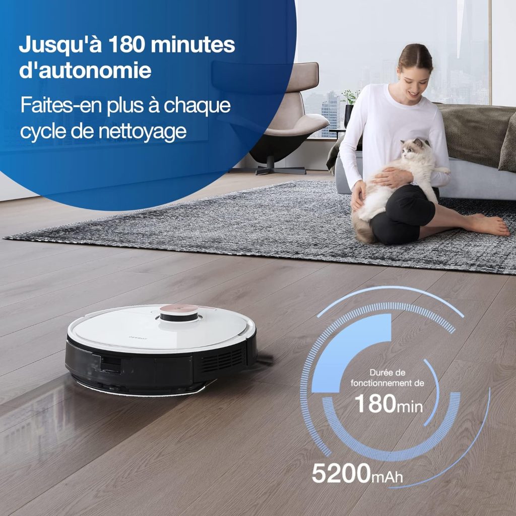 ECOVACS Deebot OZMO T8 Pure Aspirateur Robot Laveur, Navigation Laser dToF, Évitement dobstacles, Cartographie Multi-étages, Zones de Nettoyage Personnalisées, 5200mAh, Autonomie de 260 Minutes