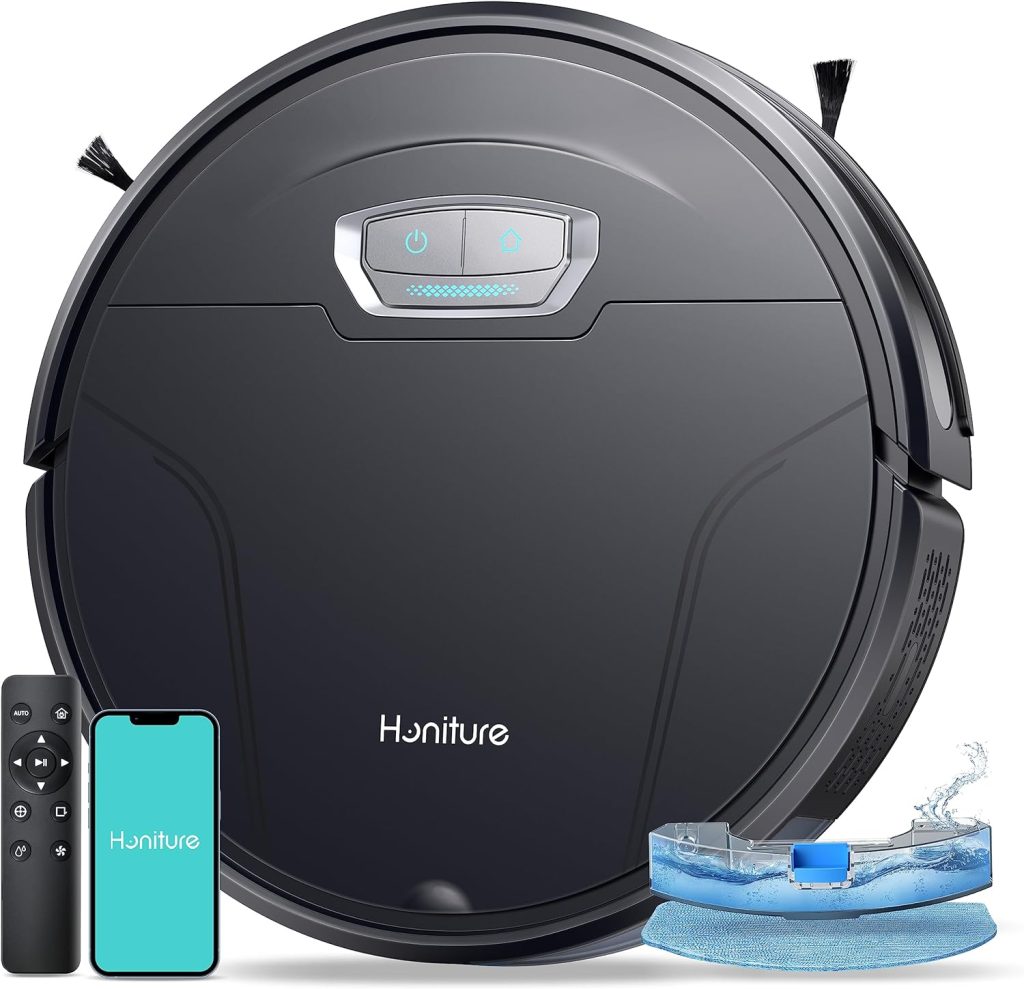 HONITURE Aspirateur Robot Laveur Poils Animaux, Aspirateur Robot 3 en 1, 4500Pa Ultra-Fin et Silencieux, Alexa/WiFi/APP/Télécommande, Idéal pour Les sols durs en Poils danimaux, G20 Pro