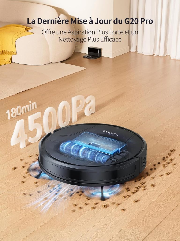 HONITURE Aspirateur Robot Laveur Poils Animaux, Aspirateur Robot 3 en 1, 4500Pa Ultra-Fin et Silencieux, Alexa/WiFi/APP/Télécommande, Idéal pour Les sols durs en Poils danimaux, G20 Pro