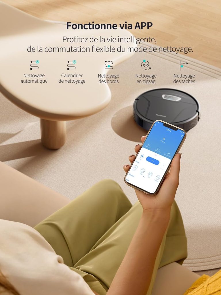 HONITURE Aspirateur Robot Laveur Poils Animaux, Aspirateur Robot 3 en 1, 4500Pa Ultra-Fin et Silencieux, Alexa/WiFi/APP/Télécommande, Idéal pour Les sols durs en Poils danimaux, G20 Pro