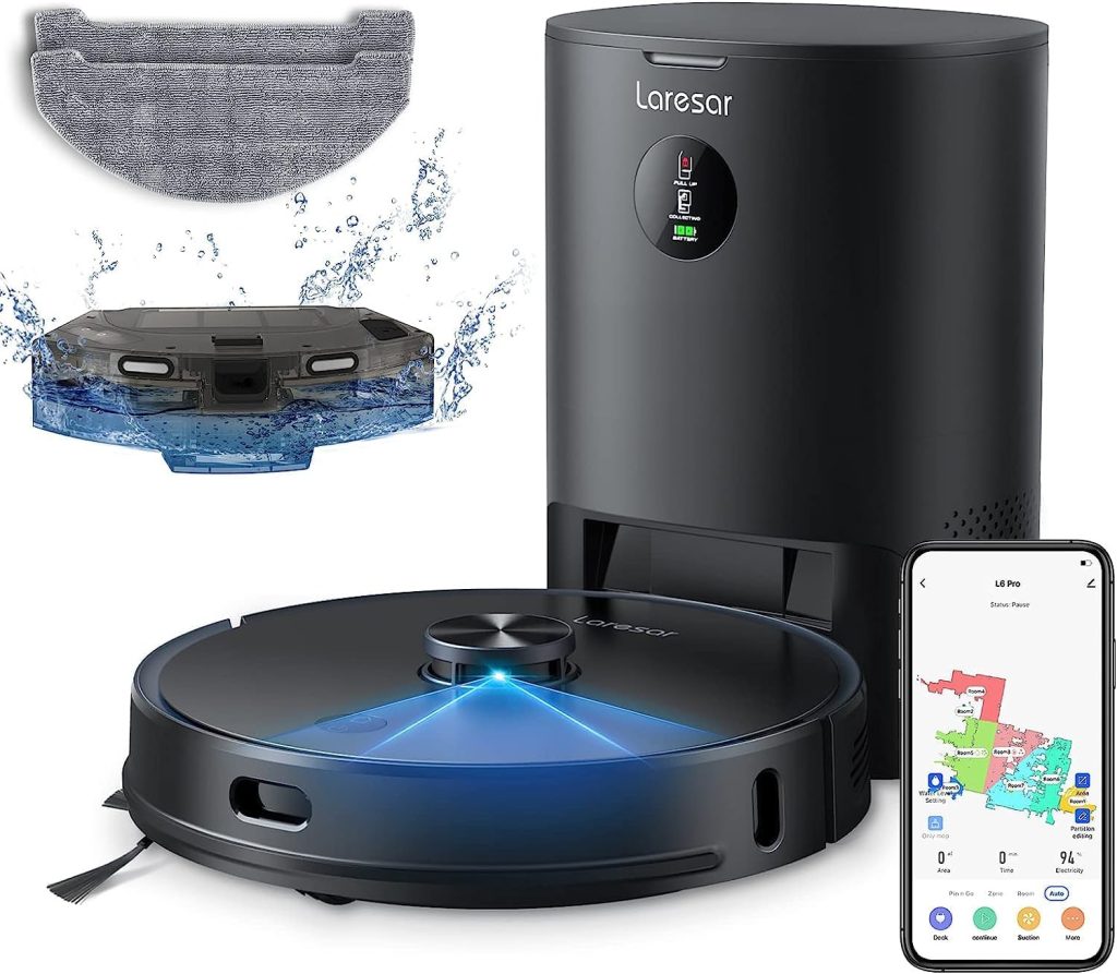 Laresar Aspirateur Robot, Laveur de Sol 3500Pa 3 en 1 avec Station dauto-vidage,Compatible avec Alexa/APP,Navigation LIDAR,Carte Modifiable,Nettoyage Personnalisé,pour Poil danimaux