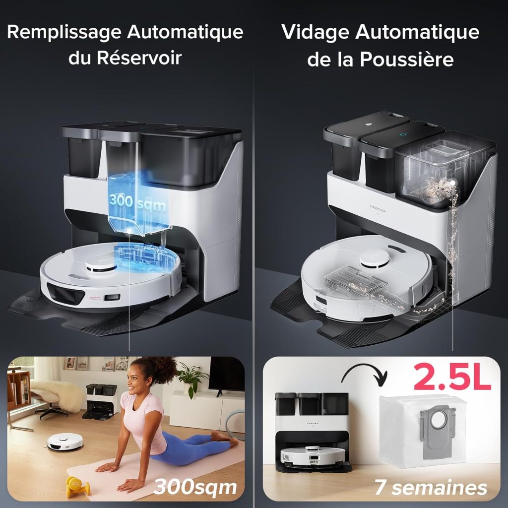 roborock S7 Max Ultra Robot Aspirateur Laveur avec Station 5500Pa, Lavage Séchage et Remplissage Automatique avec Évitement Actif dobstacles/Commande Vocale/APP -Noir