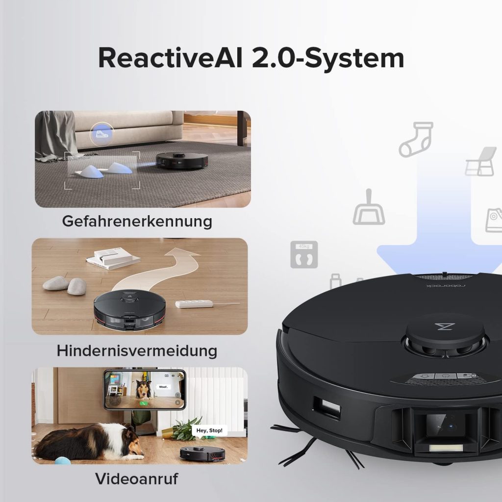 Roborock S7 MaxV Robot aspirateur et Balai (Puissance daspiration 5100 Pa, réduction des Obstacles ReactiveAI 2.0, autonomie de la Batterie 180 Min, système dessuyage ultrasonique, Commande vocale)