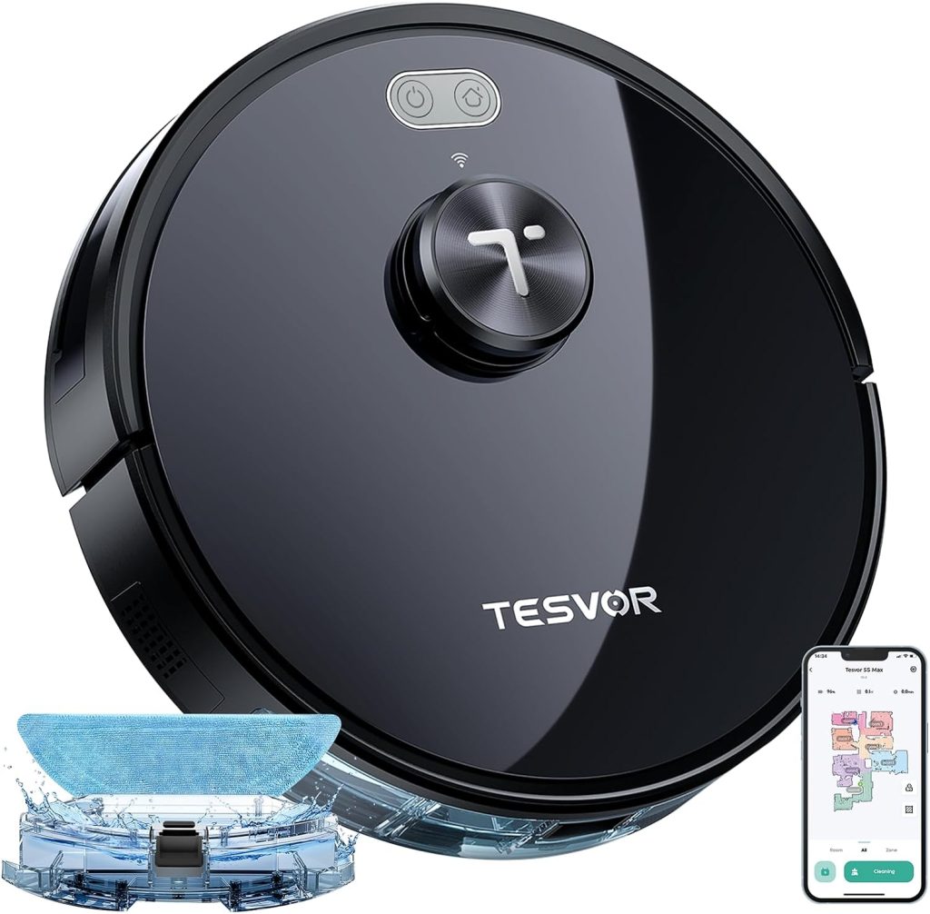 Tesvor Aspirateur Robot S5MAX, 6000 Pa, Batterie 5200 mAh, Autonomie de 260 Min, Navigation LiDAR, Détection des Obstacles, WiFi/APP, Idéal pour Les Poils danimaux Domestiques (S5MAX)