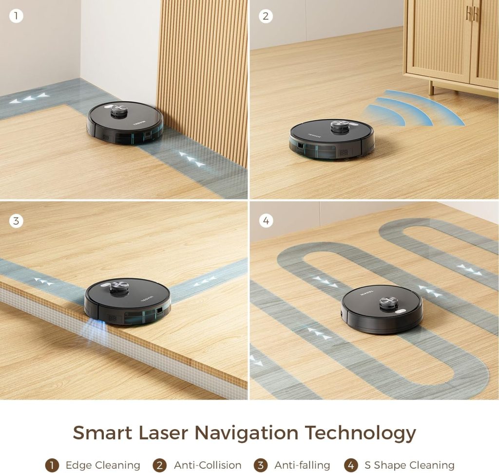 Tesvor Aspirateur Robot S5MAX, 6000 Pa, Batterie 5200 mAh, Autonomie de 260 Min, Navigation LiDAR, Détection des Obstacles, WiFi/APP, Idéal pour Les Poils danimaux Domestiques (S5MAX)